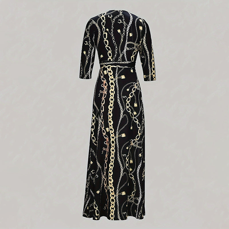 Women's V-Neck Elegant Half-Sleeve Belted Waist Print Maxi Dress For Spring&Summer Dress