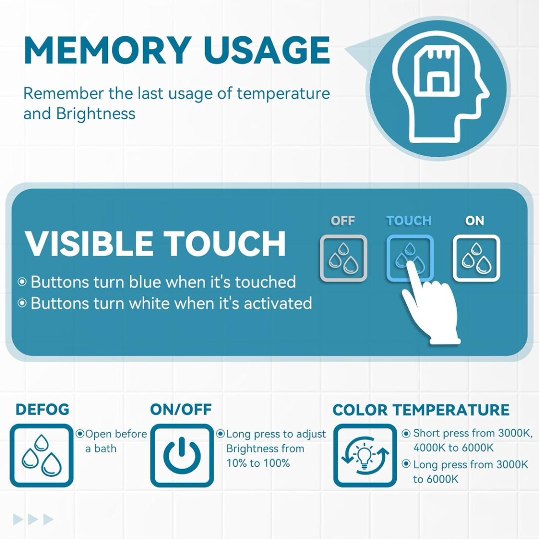 Bright LED Bathroom Mirror Front Light, 5 Mins Defog, Full HD Reflected, 3 Colors Dimmable, Wall Mounted