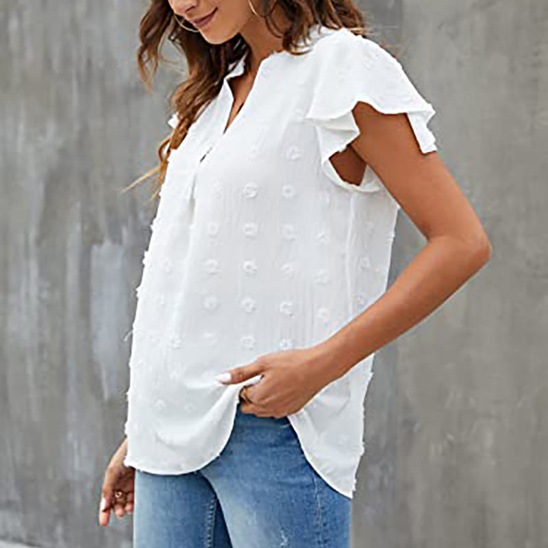 Women's Summer V Neck Ruffle Short Sleeve Blouse Business Office Casual Top Shirts