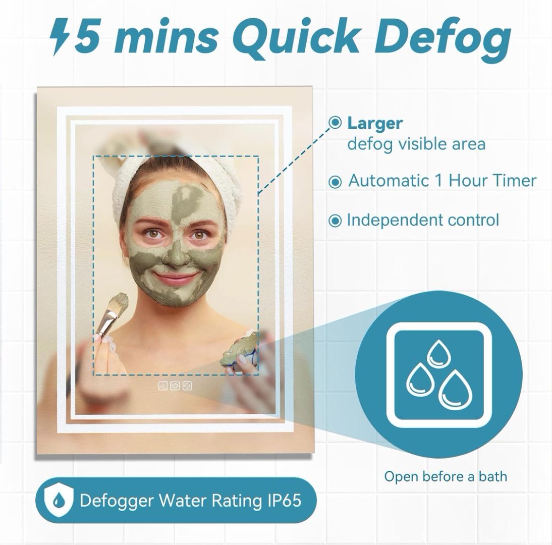 Bright LED Bathroom Mirror Front Light, 5 Mins Defog, Full HD Reflected, 3 Colors Dimmable, Wall Mounted