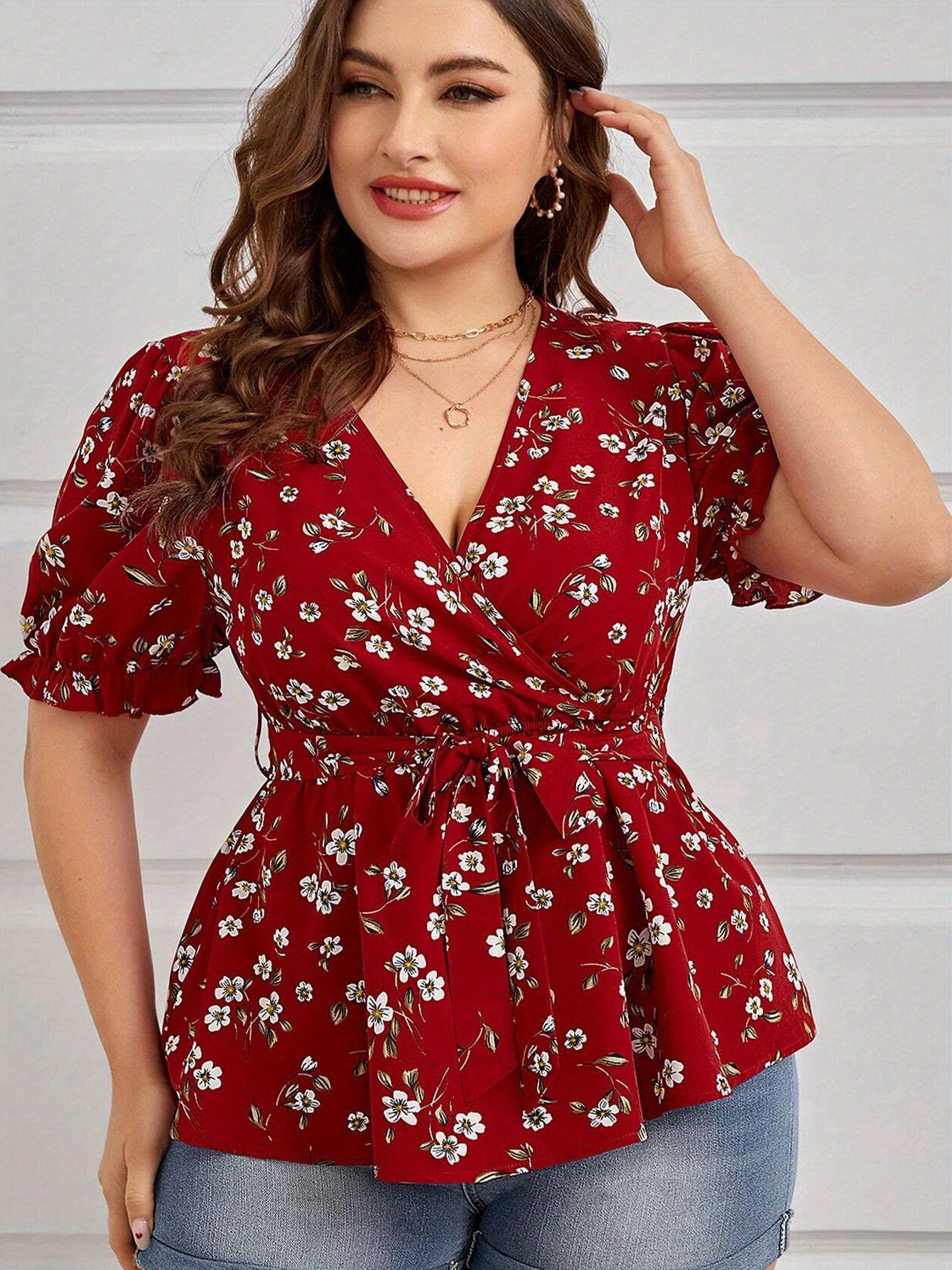 Women's Plus Size Summer Elegant V-Neck Floral Blouse - Office & Vacation Top With Belt