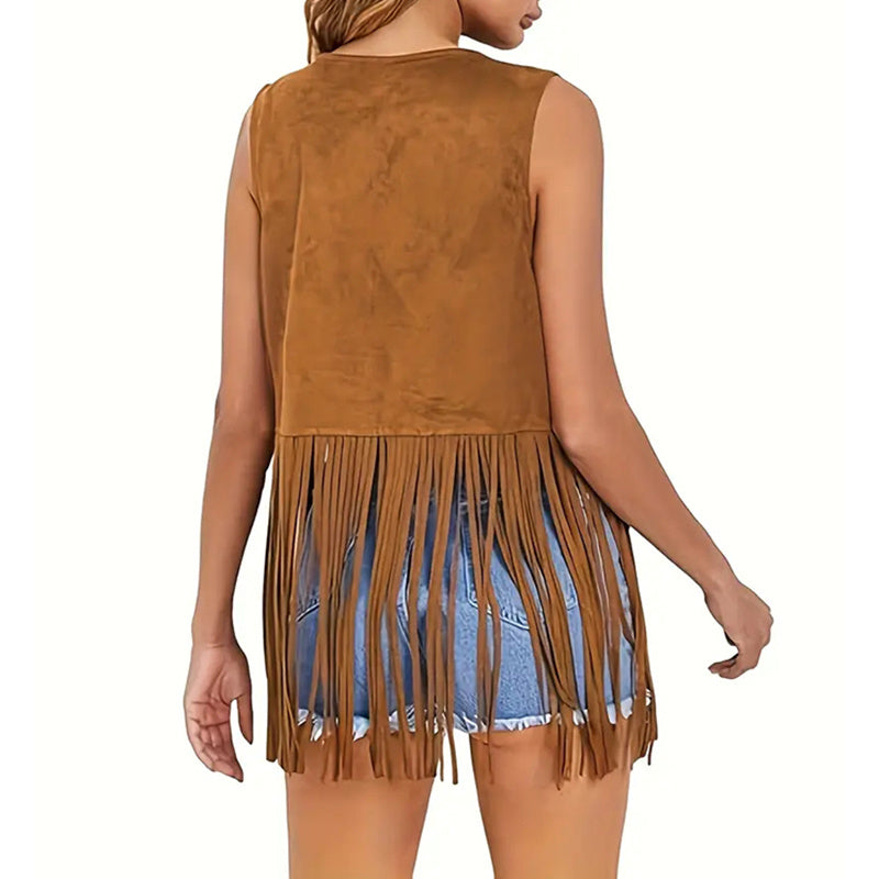 Women's Fringe Vest Sleeveless 70s Hippie Faux Suede Trim Western Cowgirl Tassel Jacket Cardigan