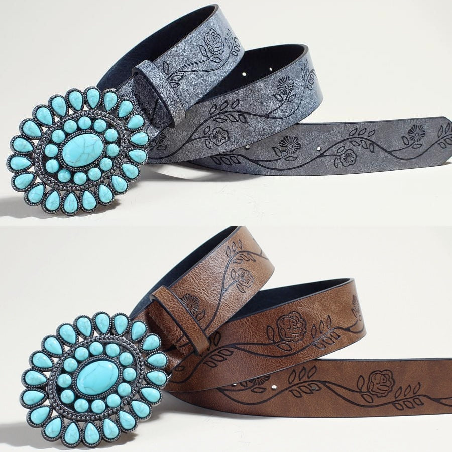 Flow New Rose Pattern Printed Green Pine Beads Alloy Buckle Characteristic Belt Female