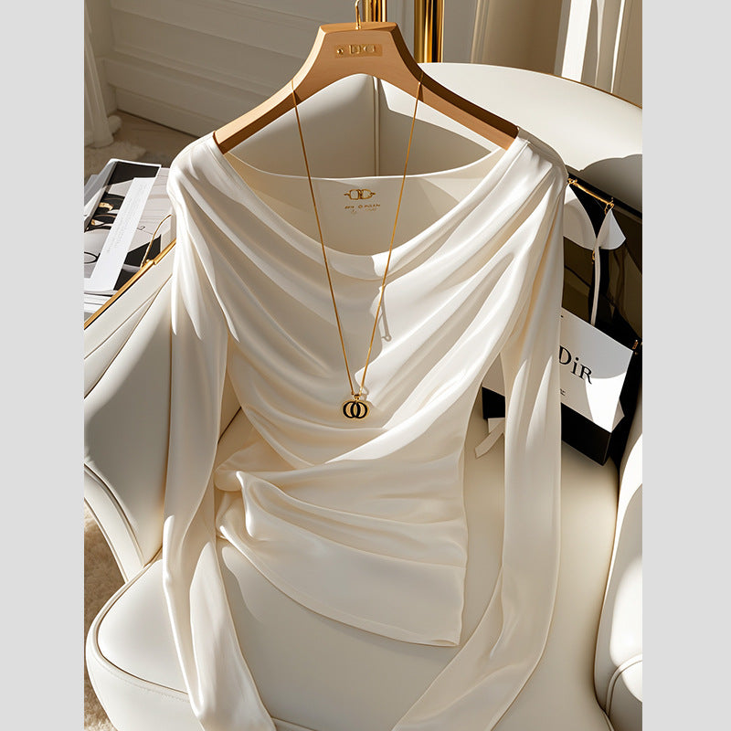 Women's Champagne Long-sleeved Satin Shirt Swing Collar Inner Wear Blouse