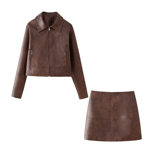 Women's Retro Lapels Long-sleeved Zipper Leather Jacket Skirt
