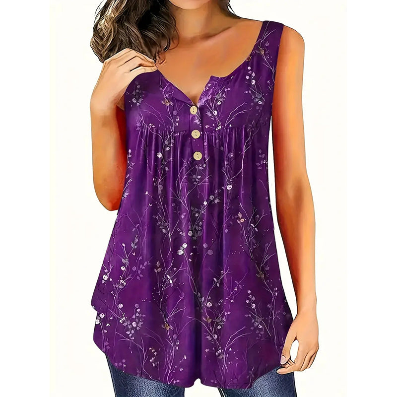 Women's Plus Size Sleeveless Button-Front Blouse With Ruffle Detail & Floral Print Casual Summer Top