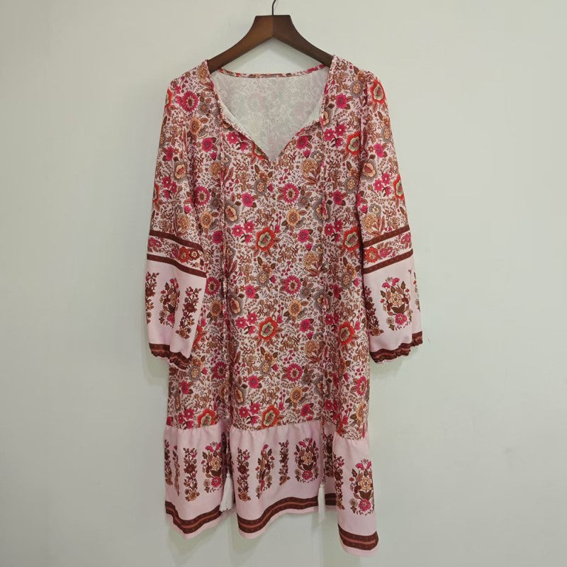 Women's Elegant V-Neck Fringe Bow Floral Print Dress Long Sleeve Comfortable Spring&Summer Dress