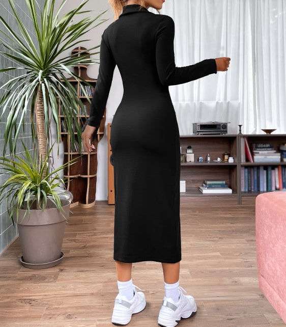 Women's Solid Color V-neck Zipper Casual Long Sleeved Dress