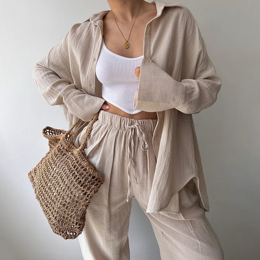 Women's Solid Color Lapel Collar Long Sleeve Shirt & High-Waist Pants Set - Casual Loose Fit Spring&Summer Outfit