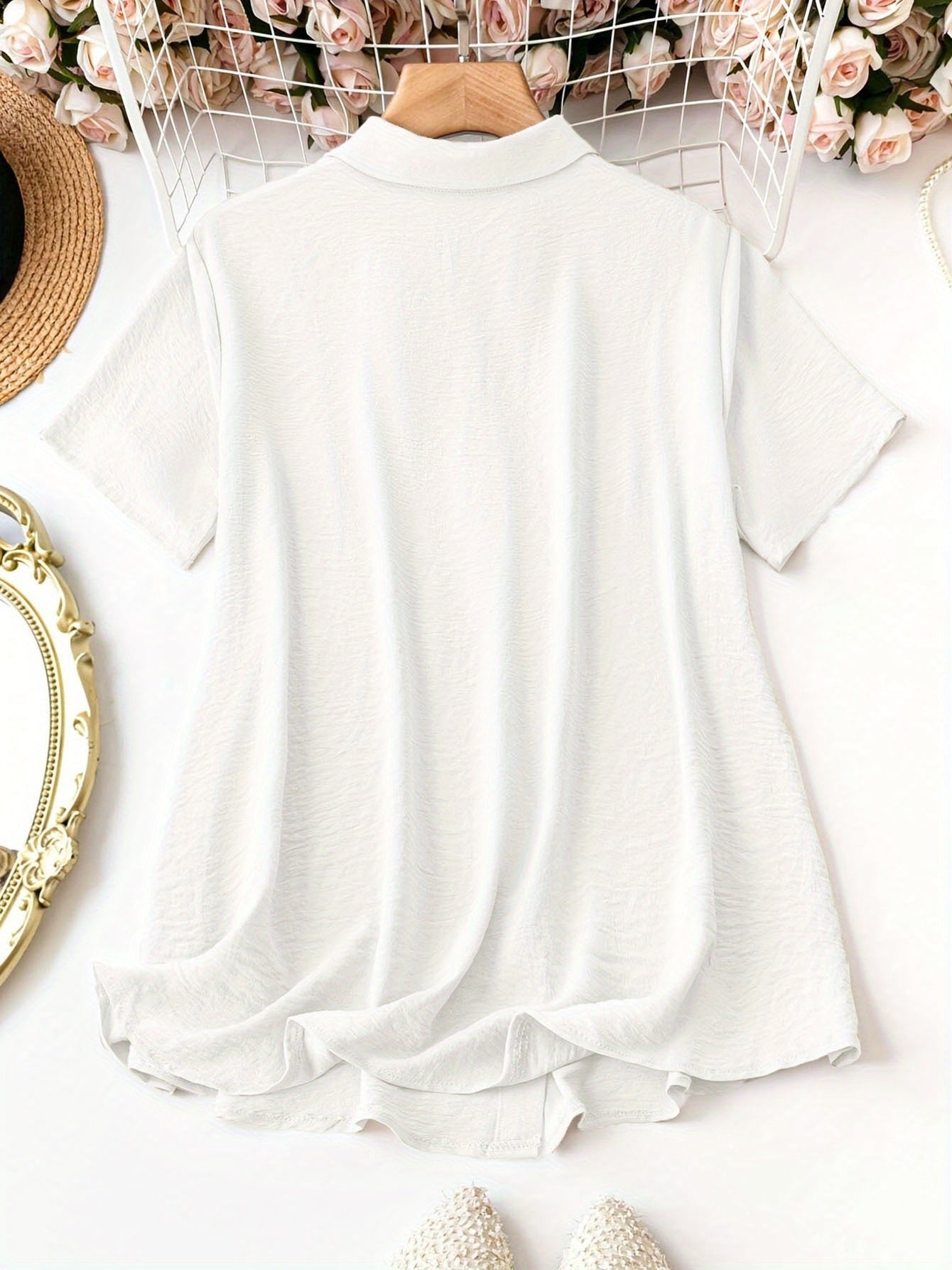 Women's Plus Size Collared Button-Down Shirt - Summer Vacation Casual Short-Sleeve Top For Outings