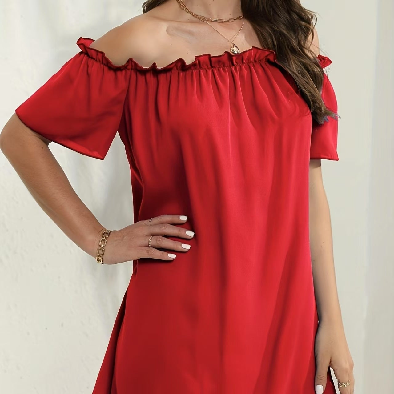 Ladies' Fashion Off Shoulder Ruffle Solid Color Decorative One Shoulder Casual Dress