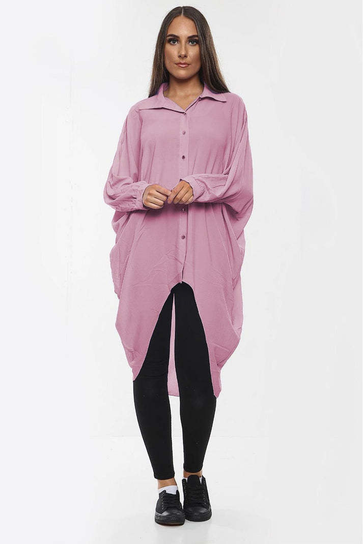 High-Low Oversized Button Long Top Shirt Dress With Hem And Long Sleeves