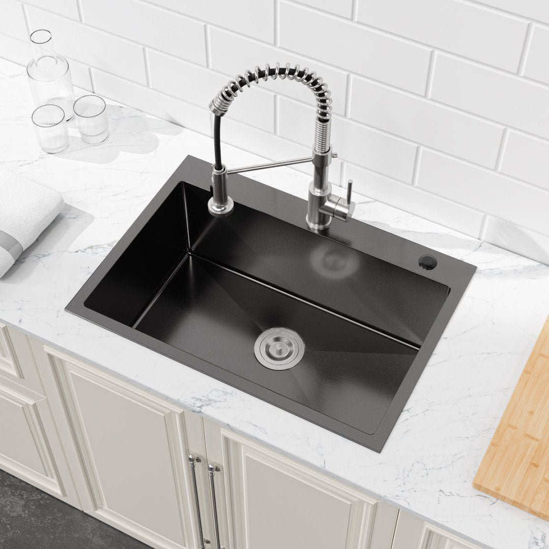 Stainless Steel Kitchen Sink, Single Bowl, Overmount Handmade Sink In Black, With US Standard Drain And Hook, LS-SSBL01