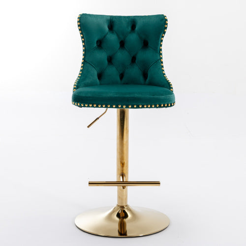 Golden Swivel Velvet Barstools Adjusatble Seat Height From 25-33 Inch Green,Set Of 2