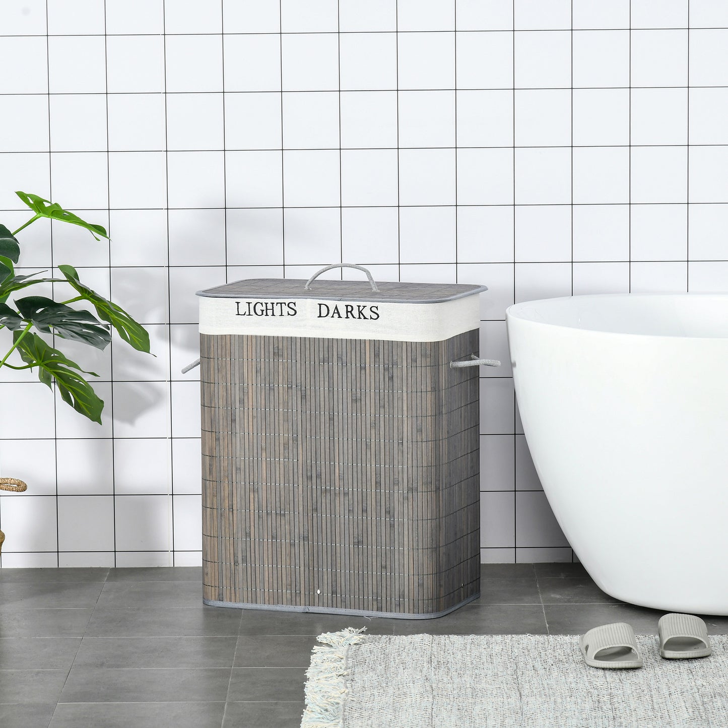 Bamboo Laundry Basket With Lid And String Handles, Collapsible Laundry Hamper With 2 Removable Bag