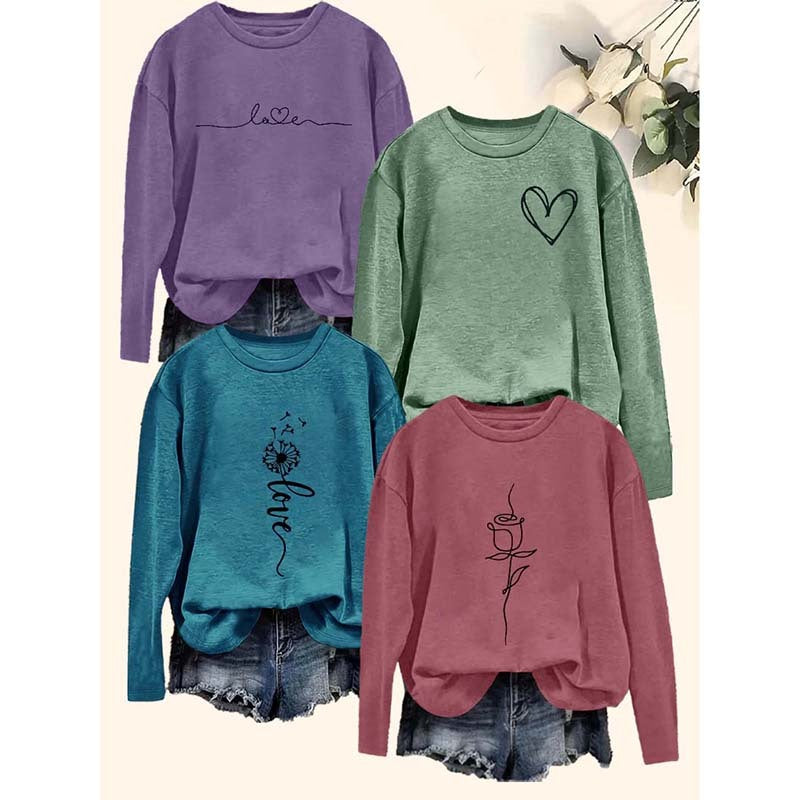 4 Packs Women's Long Sleeve Shirts Dandelion Graphic Print Tees Casual Round Neck T Shirts