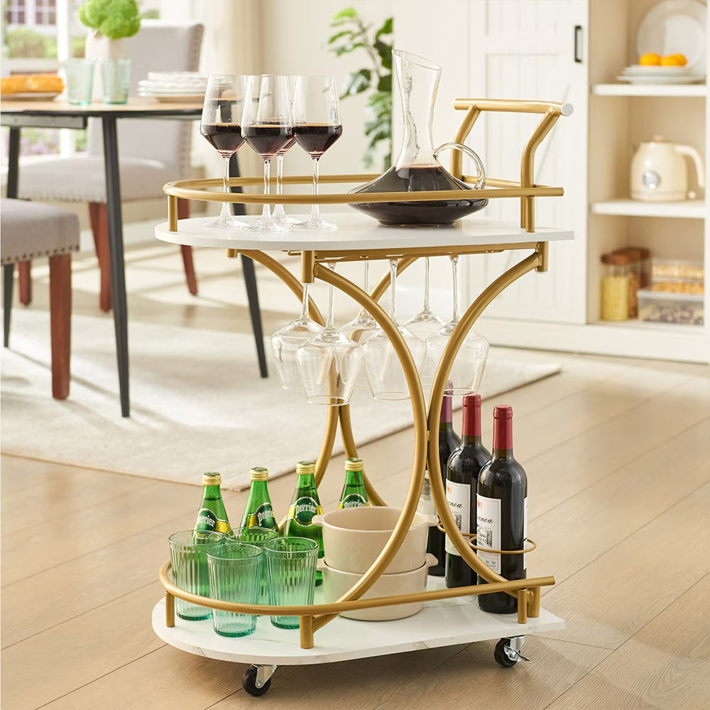 2-Tier Bar Cart,Gold Wine Cart With Wine Rack & Glass Holder,Mobile Bar Serving Cart,for Party,Home,Rolling Drink Trolley For Living Room