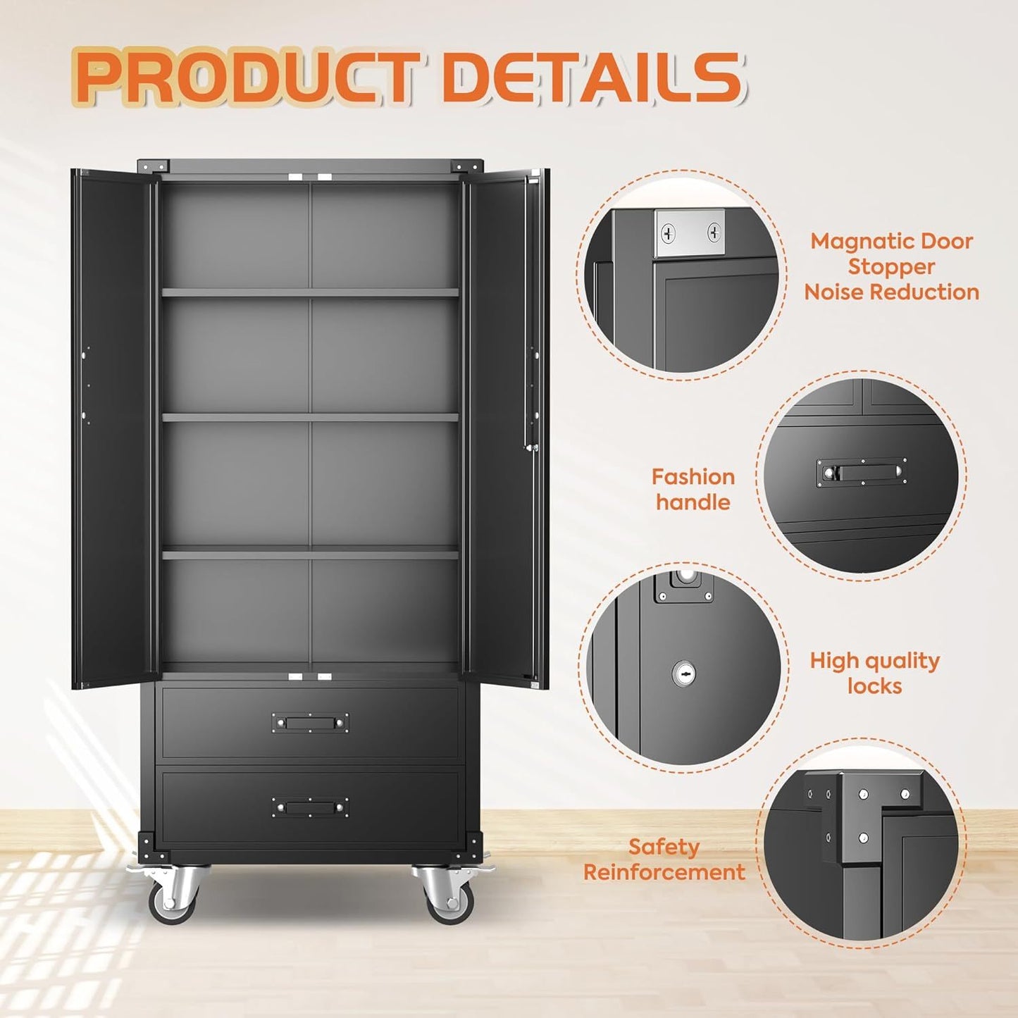 Rolling Storage Cabinet With 2 Doors And 2 Drawers, Metal Storage Cabinet With Doors And Shelves, Locking Steel Cabinet For Warehouse, Home, Office Black