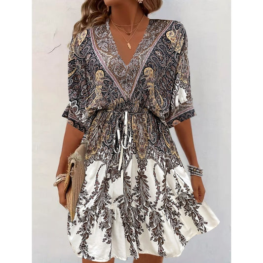 Women's Bohemian Dress V Neck Front Tie Short Sleeve Floral A Line Beach Boho Flowy Tunic Dress
