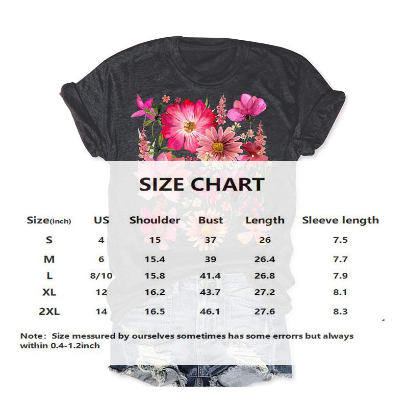 Women's Colorful Flower Print Round Neck Short Sleeve T-Shirt - Summer Casual Top