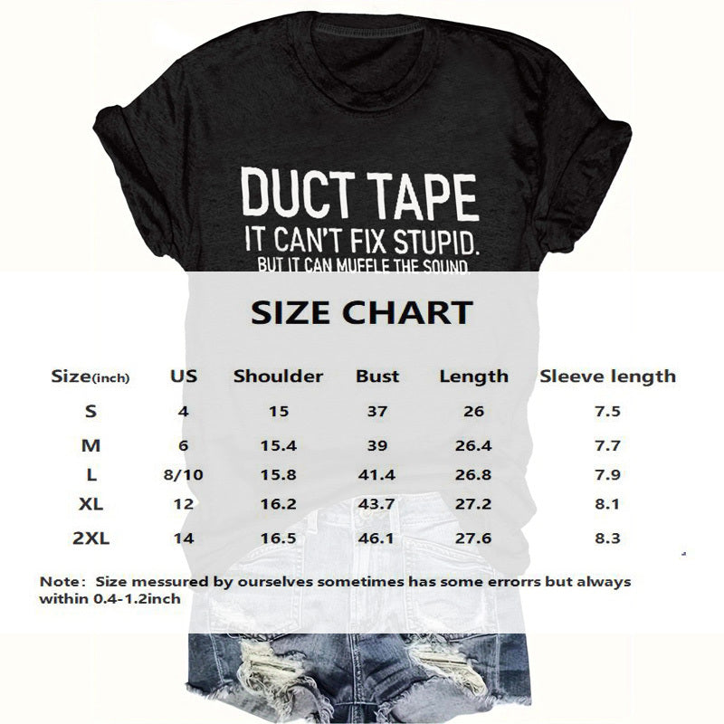 Women's Black Round Neck Slogan Print T-Shirt - Casual Short Sleeve Tee