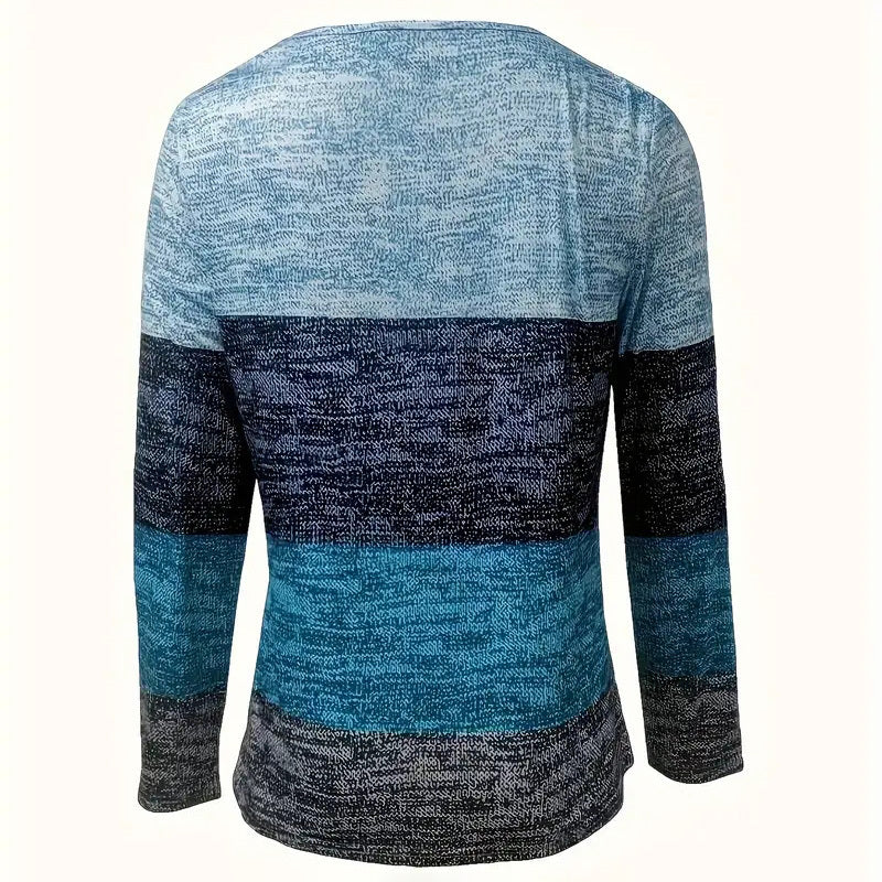 Women's Geometric Color Block V-Neck Zip Detail Long Sleeve T-Shirt - Spring&Fall Casual Slim Fit Top