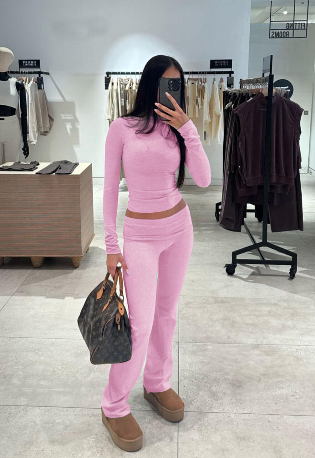 Leisure Sports Two-piece Set, Long Sleeved High Waisted Foldable Flared Pants, Sports Suit, Streetwear
