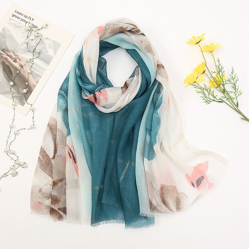 Women's Cotton And Linen Fleece Trimmed Printed Scarf