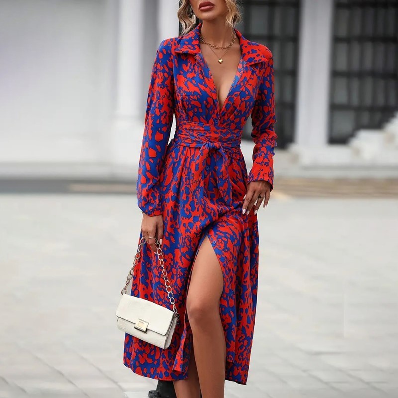 Women's Elegant V-Neck Belted Slit Dress With Leopard Print & Button Details Comfortable Spring & Fall Blend