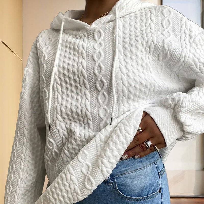 Women's Solid Color Ribbed Design Long Sleeve Hoodie - Loose Fit Drawstring Pullover For Fall & Winter Casual Wear