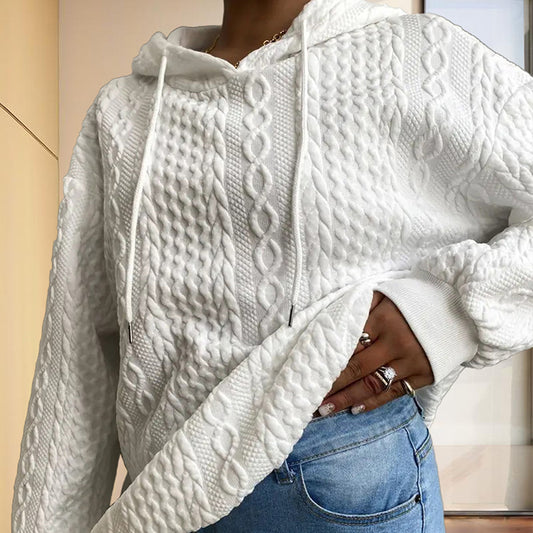 Women's Solid Color Ribbed Design Long Sleeve Hoodie - Loose Fit Drawstring Pullover For Fall & Winter Casual Wear