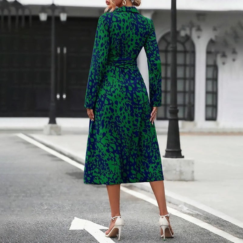 Women's Elegant V-Neck Belted Slit Dress With Leopard Print & Button Details Comfortable Spring & Fall Blend