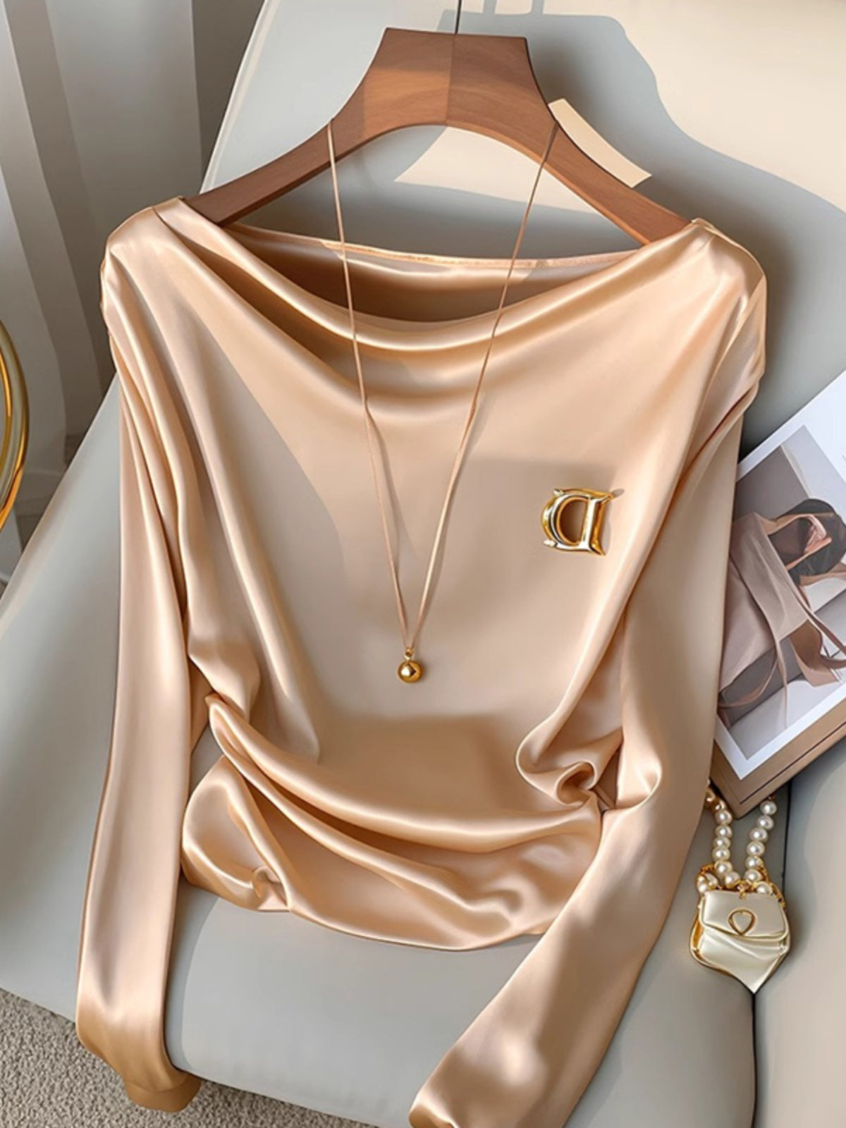 Women's Champagne Long-sleeved Satin Shirt Swing Collar Inner Wear Blouse