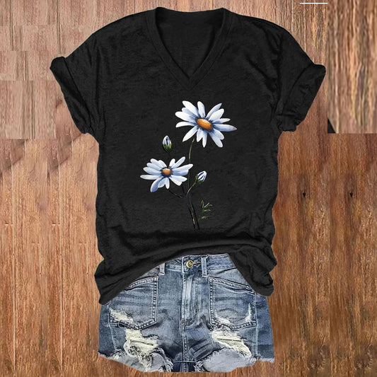 Women's Daisy Print V-Neck Short Sleeve Tee - Summer Casual T-Shirt