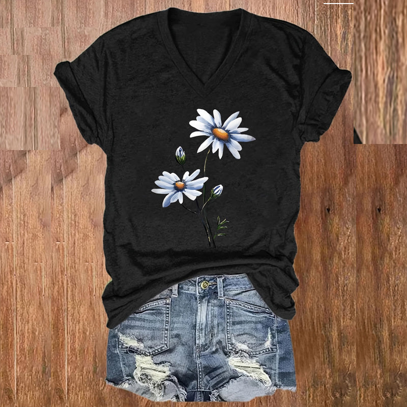 Women's Daisy Print V-Neck Short Sleeve Tee - Summer Casual T-Shirt