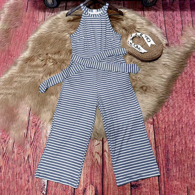 Womens Casual Striped Jumpsuits Summer Cap Sleeve Wide Leg Jumper Romper Button Down Travel Beach Outfits