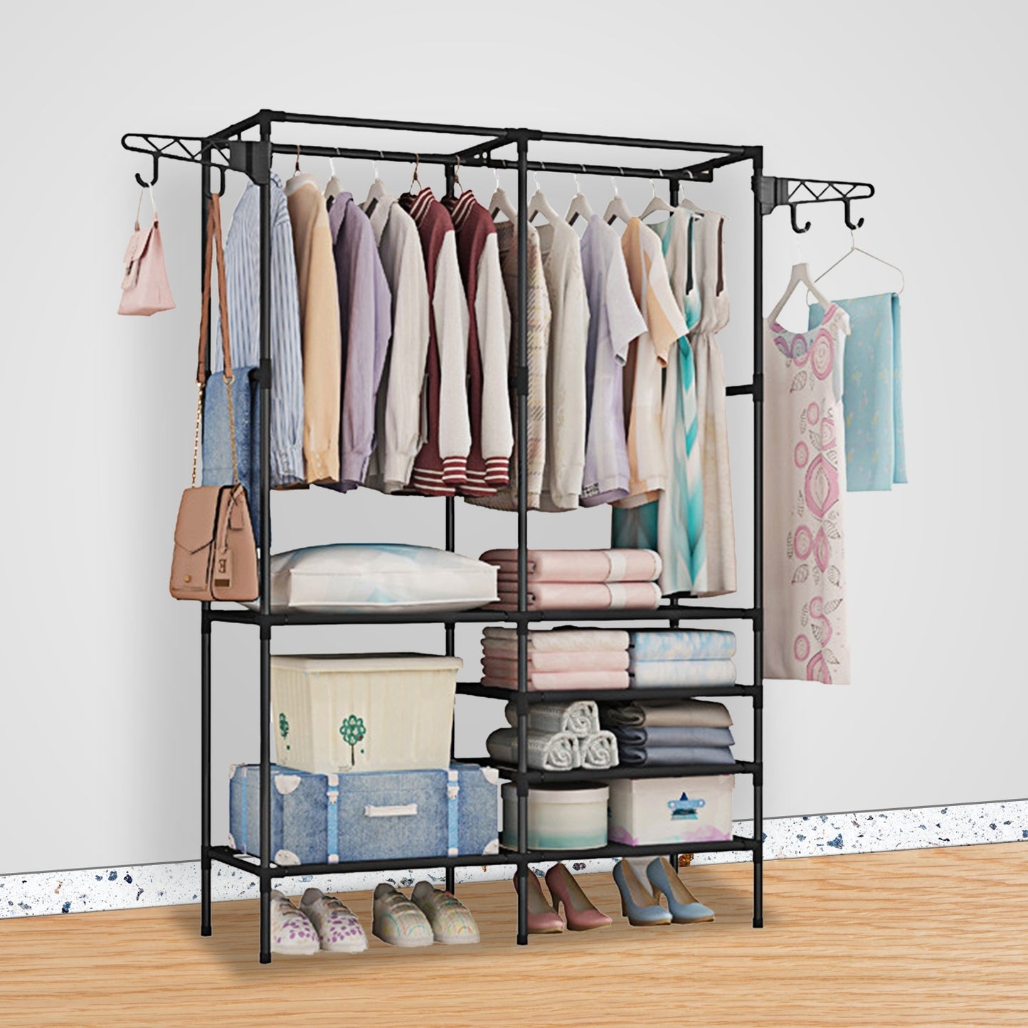 1Pc Metal Garment Rack Shoe Clothing Organizer Shelves Freestanding Multifunctional Clothes Wardrobe