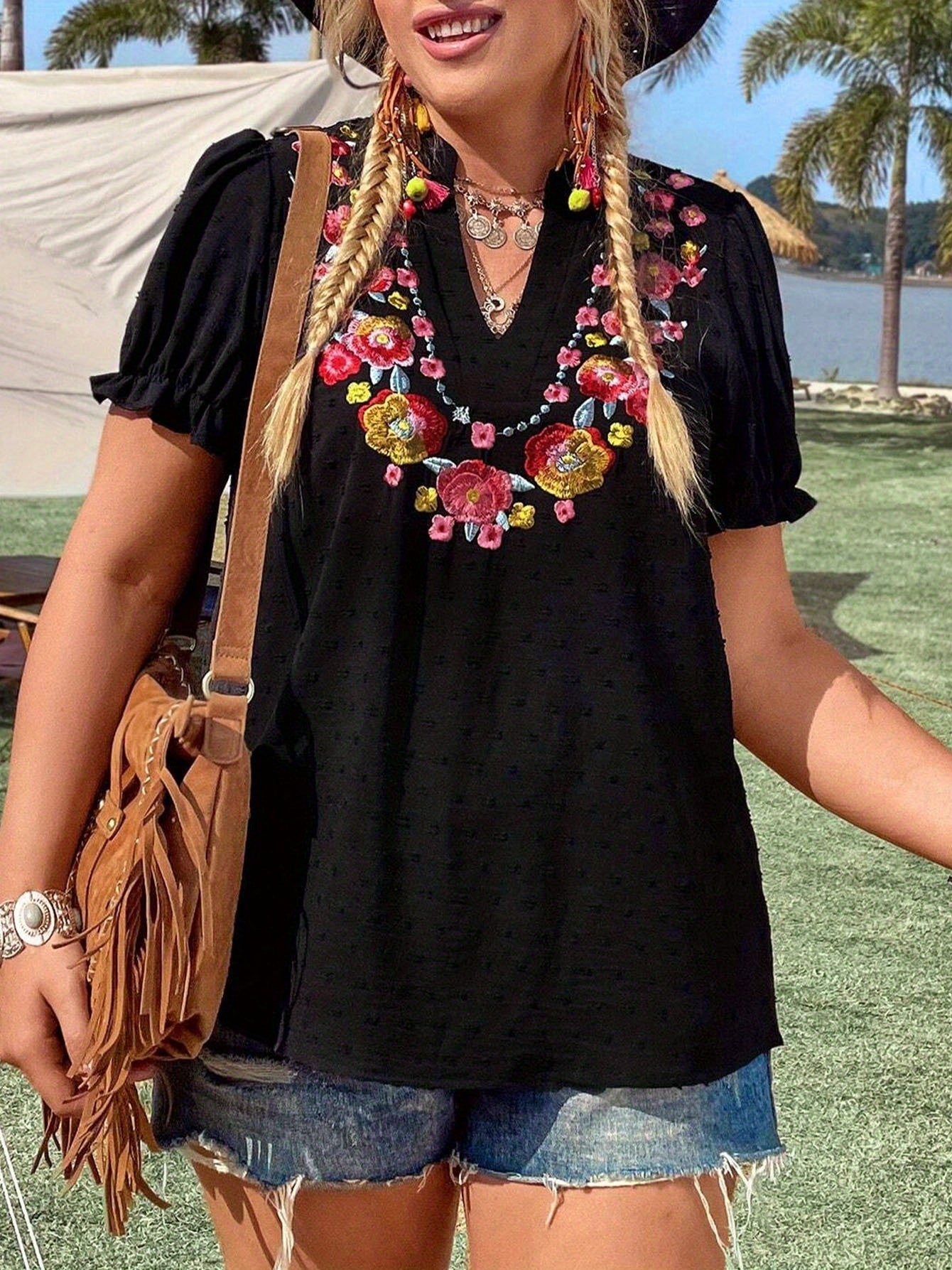 Women's Plus Size Floral Embroidery Summer Casual Short Sleeve V-Neck Swiss Dot Blouse Top