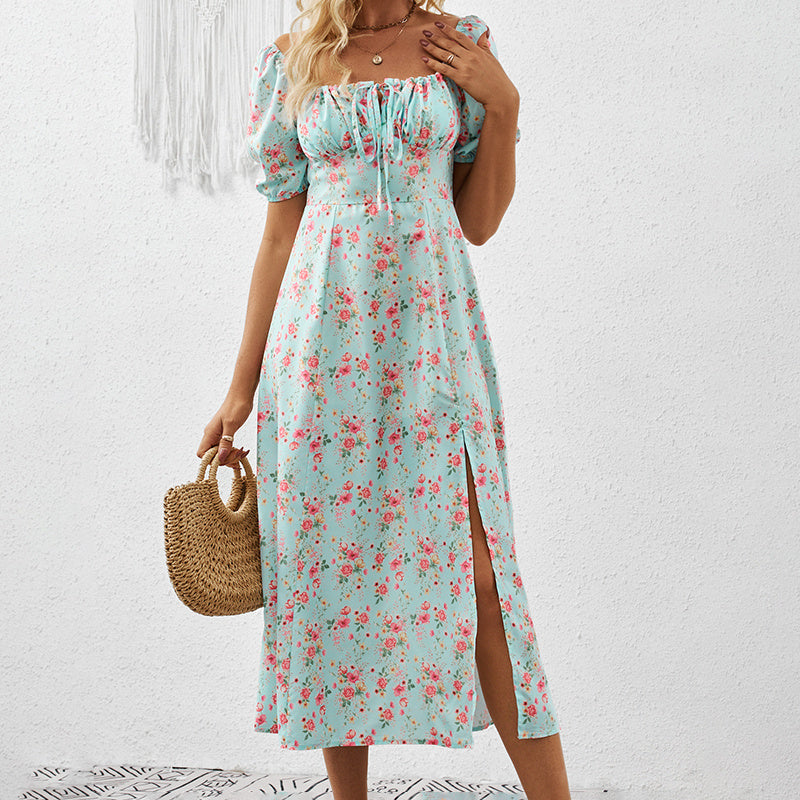 Women's Square Neck Floral Print Dress With Puff Sleeves & Side Slit - Elegant Spring Summer Boho Maxi Dress