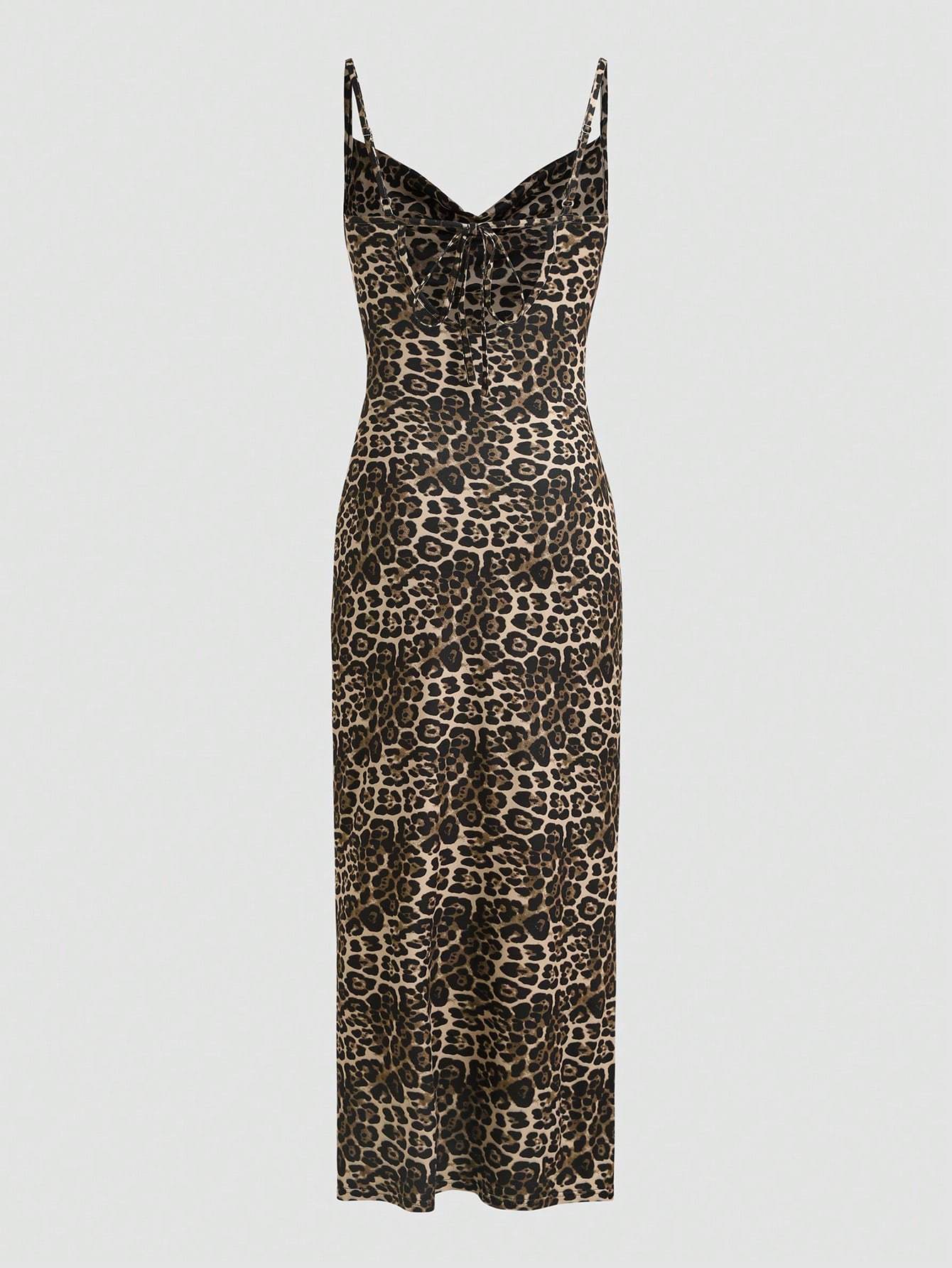 Women's Leopard Print Backless Tie-Front Cami Dress For Party