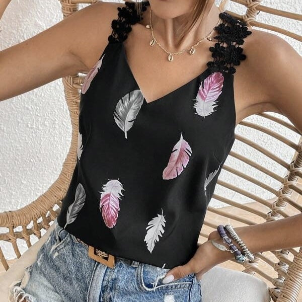 Women's Printed Feather Pattern Design V-neck Fashionable Slimming Camisole Vest