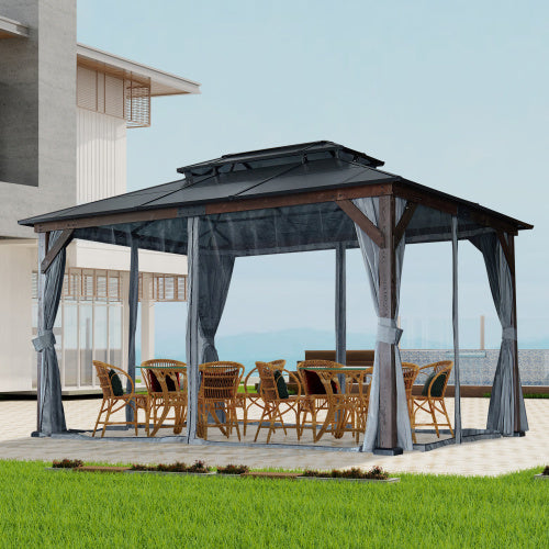 10' X 13' Hardtop Wood Gazebo For Patios, Outdoor Framed Gazebo With Polycarbonate Double Roof Canopy, Solid Wooden Framed Gazebo With Privacy Curtains And Mosquito Nettings For Garden, Backyard
