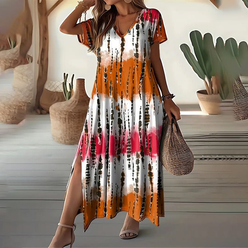 Women's Summer Tie Dye Maxi Dress Short Sleeve V Neck Casual Loose Long Split Dresses