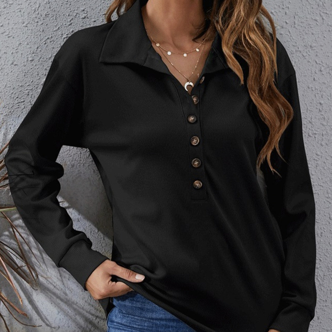 Ladies' Fashion Button Solid Color Collar Button Elegant T-shirt