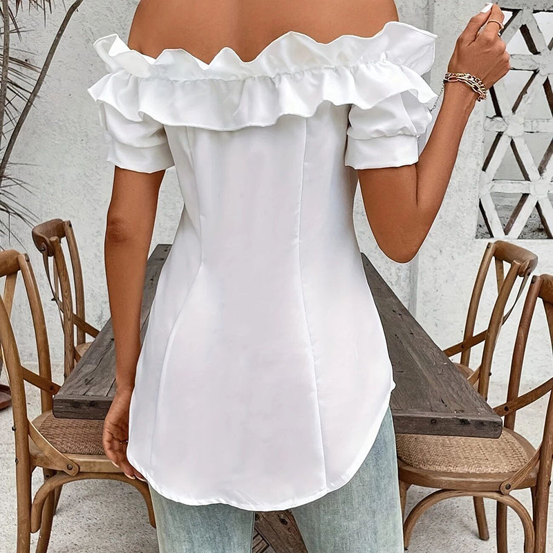 Women's Solid Color Off-Shoulder Ruffled Blouse - Waist Button-Down Shirt For Vacation & Daily Wear