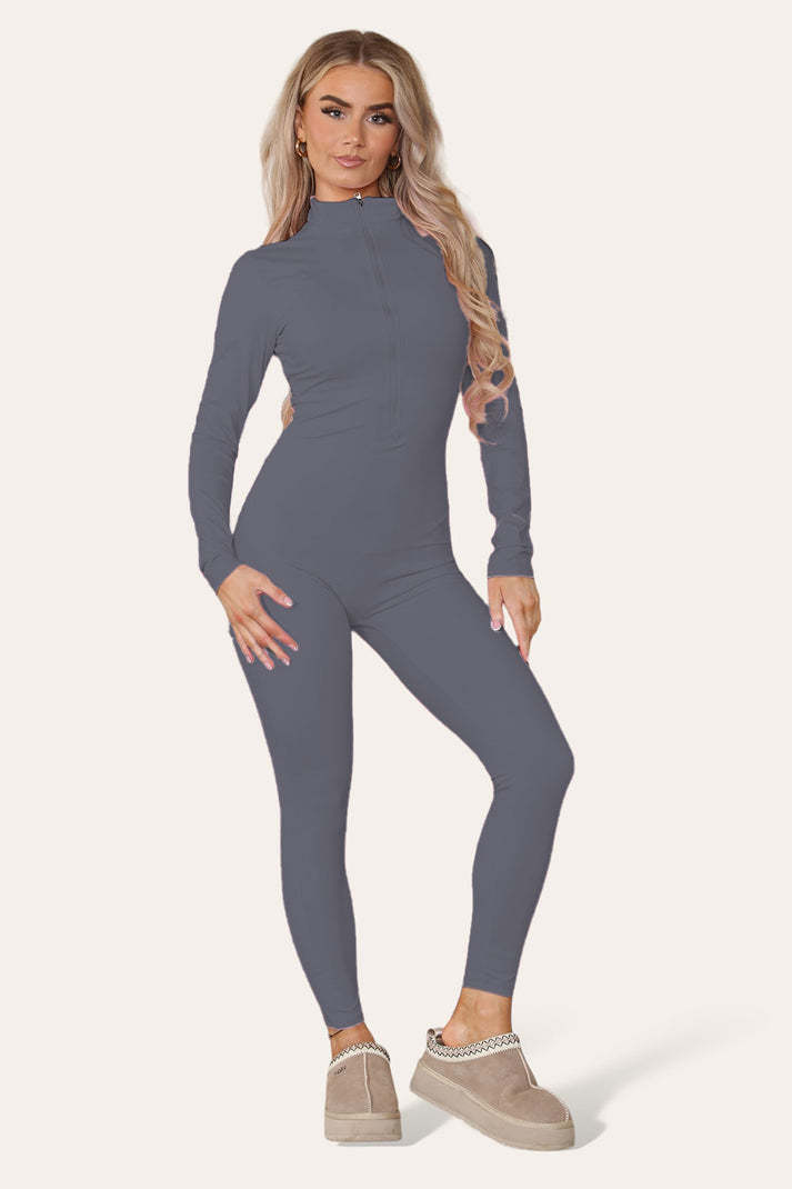 Ribbed High Neck Zipper Collar Jumpsuit Front Unitard Set