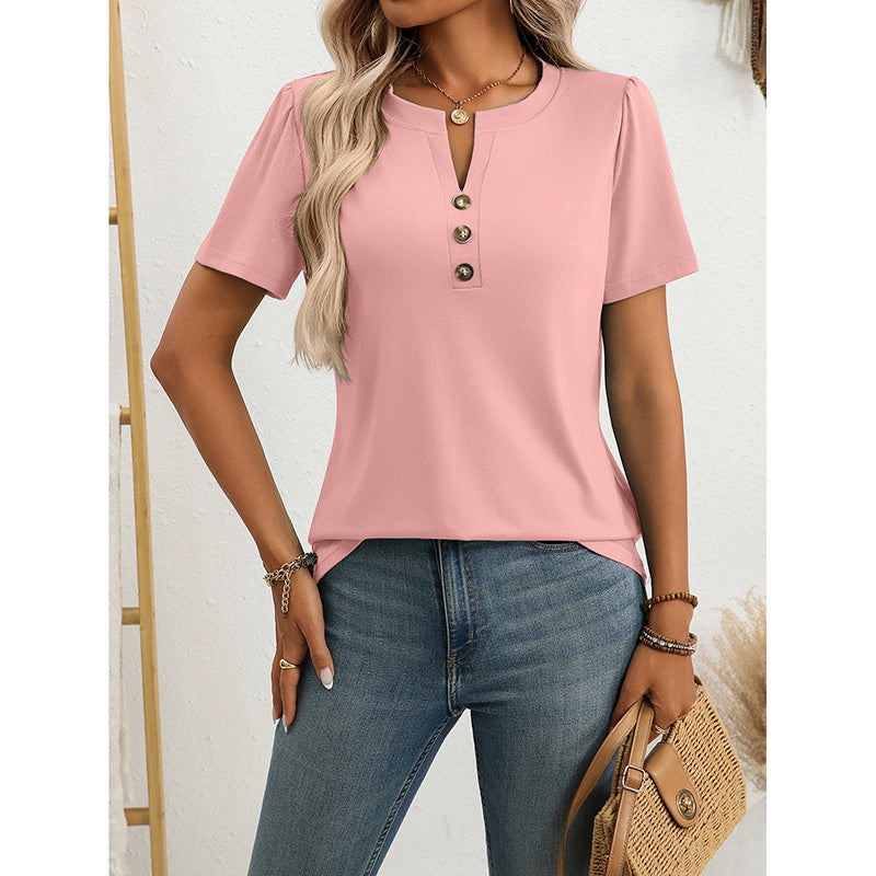 Womens Notch V Neck Shirts Short Sleeve Button T Shirts Summer Dressy Casual Tunic Tops