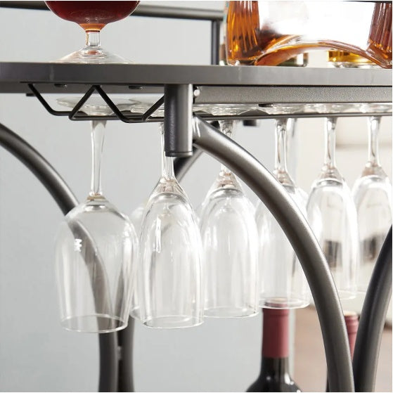 2-Tier Bar Cart,Black Wine Cart With Wine Rack & Glass Holder,Mobile Bar Serving Cart,for Party,Home,Rolling Drink Trolley For Living Room