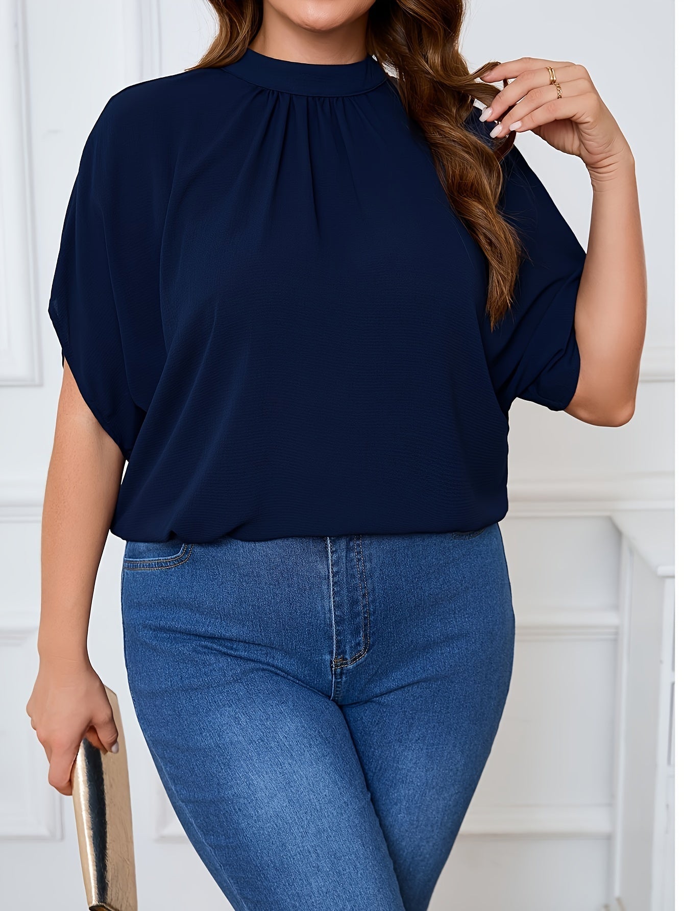 Women's Plus Size Batwing Blouse - Fashionable Casual With Tie & Cutout Details, Comfortably Loose Solid Color Top