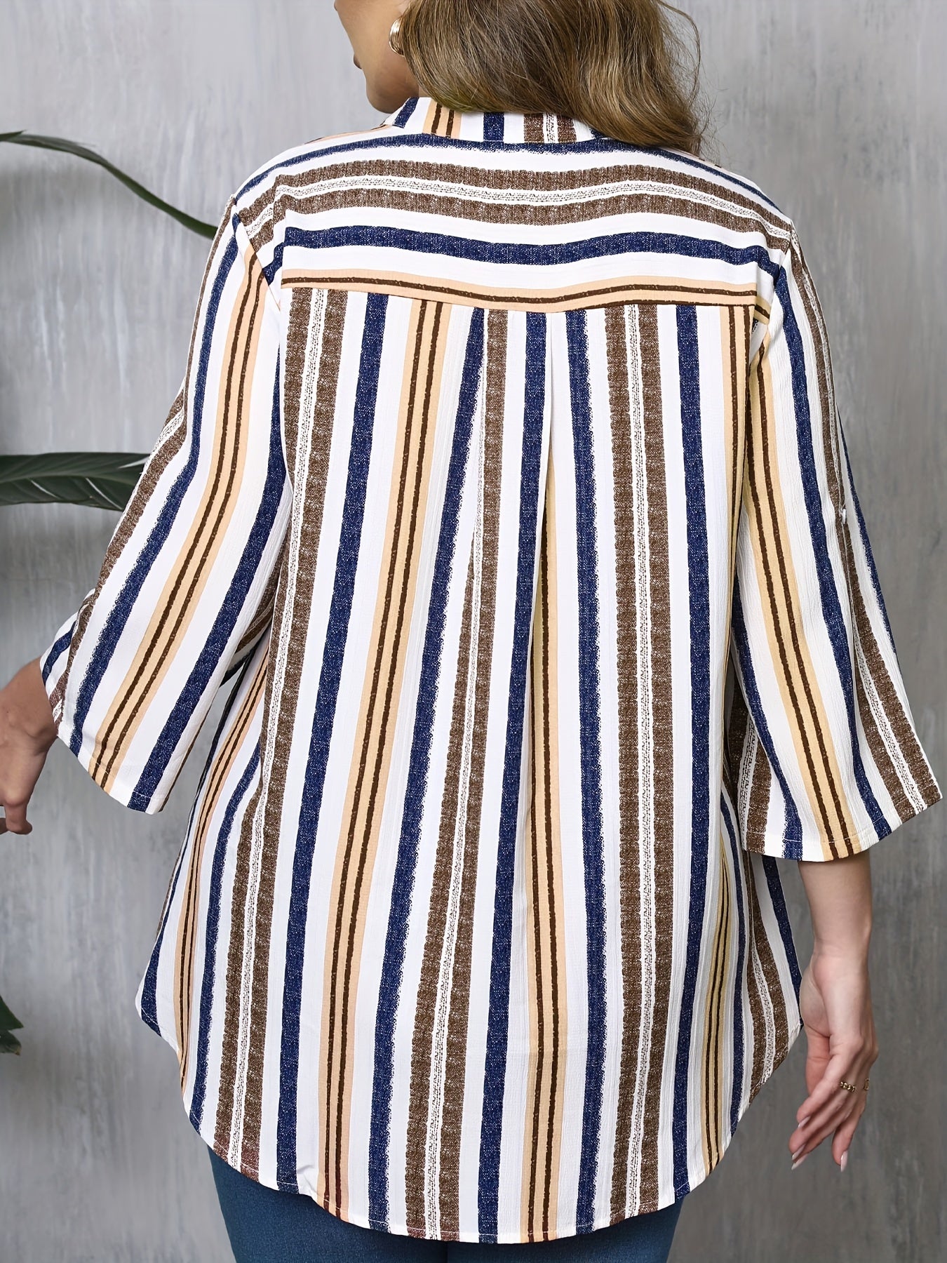 Women's Plus Size Striped Print Shirt - Spring Or Summer Daily Office Roll-Up Sleeve Button-Down Top